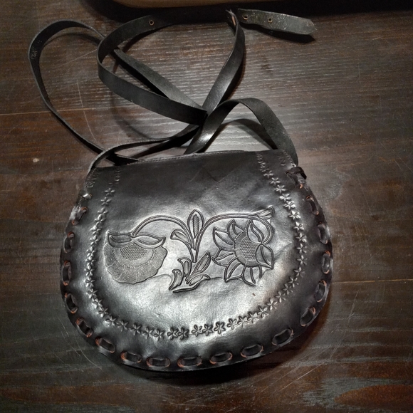 1970s Hand Tooled Leather Textile Shoulder Bag - Picture 2 of 5